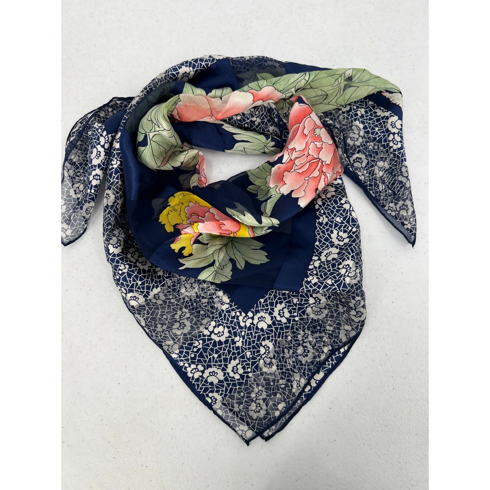 Bill Blass Navy Blue Floral Peony Striped Square Scarf Lace Border 30x30